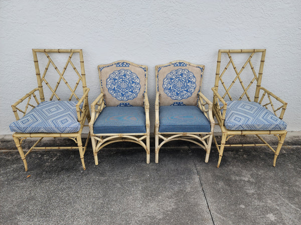 WOODBRIDGE FAUX BAMBOO/ CANE CHIPPENDALE DINING CHAIRS W/DA FRETWORK W/CUSHIONS (6 AVAILABLE)