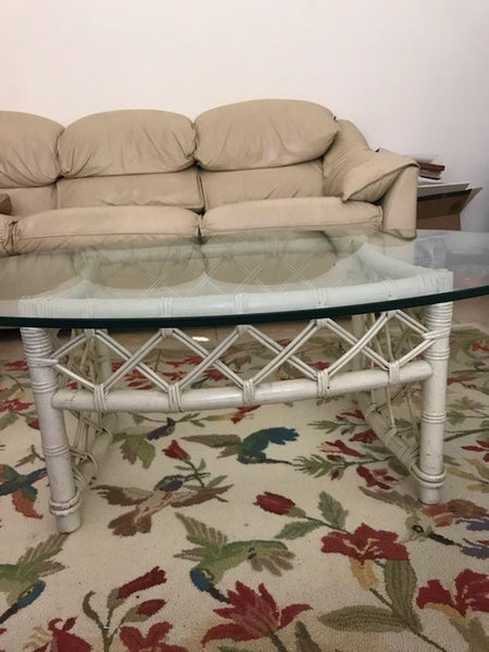 VINTAGE FICKS REED RATTAN LATTICE OVAL COFFEE TABLE