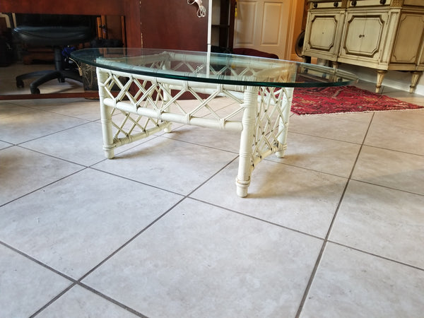 VINTAGE FICKS REED RATTAN LATTICE OVAL COFFEE TABLE