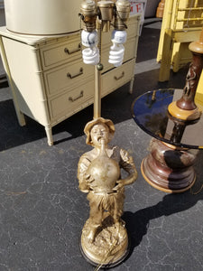 VINTAGE MARBRO LAMP CO GOLD LEAF FIGURAL/ SCULPTURAL DRUNK DUTCH BOY/ THIRSTY BOY/ BOY WITH JUG FLOOR LAMP W/ ORIGINAL SHADE