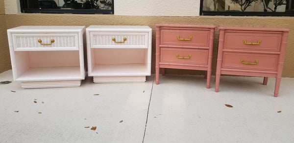 VINTAGE AMERICAN OF MARTINSVILLE PEONY PINK FAUX BAMBOO NIGHTSTANDS (2) - CUSTOMIZED