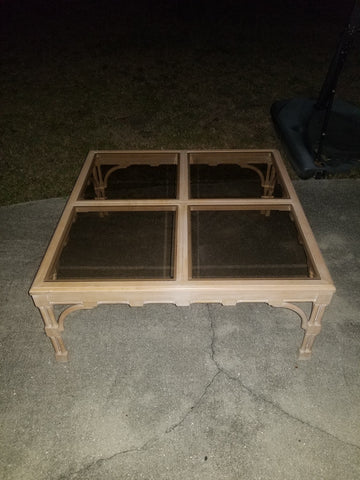 VINTAGE FAUX BAMBOO FRETWORK COFFEE TABLE W/TINTED GLASS