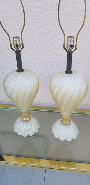 ANTIQUE/ VINTAGE MURANO BAROVIER AND TOSO VENETIAN HANDBLOWN GLASS 3~WAY LAMPS W/ 24K GOLD INCLUSIONS w/ SHADES (2)