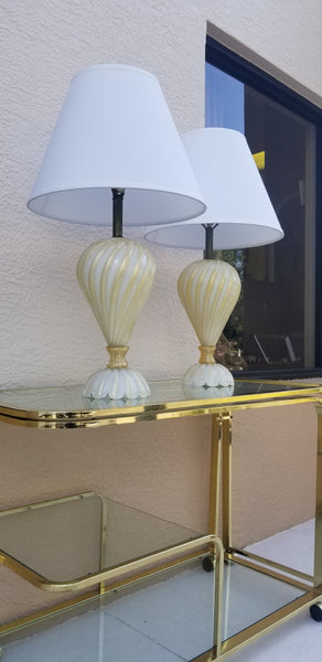 ANTIQUE/ VINTAGE MURANO BAROVIER AND TOSO VENETIAN HANDBLOWN GLASS 3~WAY LAMPS W/ 24K GOLD INCLUSIONS w/ SHADES (2)