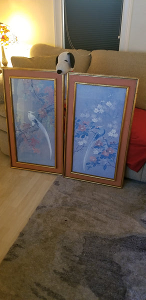 VINTAGE GOLD GILT FAUX BAMBOO DOUBLE BORDER PICTURE FRAMES W/PRINTS/ ART (2)