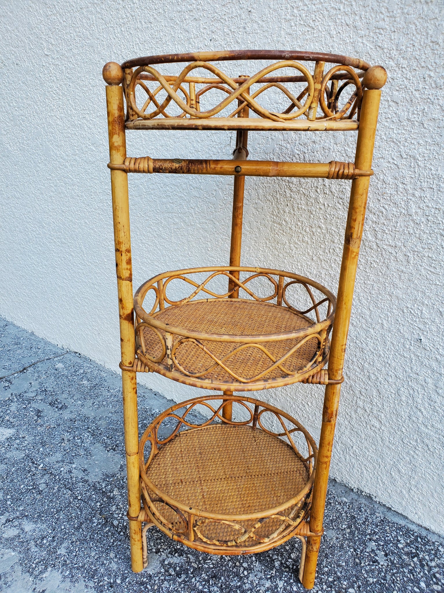 VINTAGE ROUND BURNT TIGER TORTOISE SHELL BAMBOO RATTAN 3 TIER (REMOVABLE) SHELF/ PLANT STAND ~ MISC