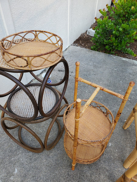 VINTAGE ROUND BURNT TIGER TORTOISE SHELL BAMBOO RATTAN 3 TIER (REMOVABLE) SHELF/ PLANT STAND ~ MISC
