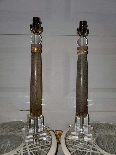 JOHN RICHARD HAND BLOWN AMBER GLASS AND LUCITE SPIRE LAMPS WITH SIGNATURE DOUBLE HANDMADE TRANSLUCENT SILK SHADES (2)