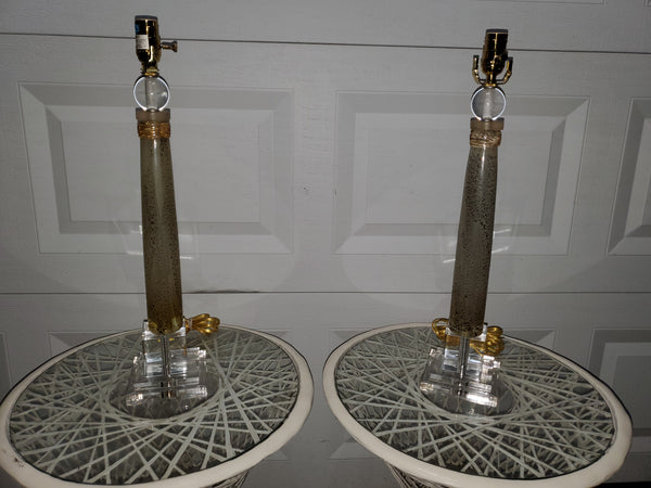 JOHN RICHARD HAND BLOWN AMBER GLASS AND LUCITE SPIRE LAMPS WITH SIGNATURE DOUBLE HANDMADE TRANSLUCENT SILK SHADES (2)