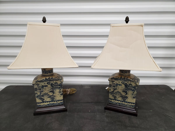 VINTAGE BLUE & WHITE CHINOISERIE PAGODA LAMPS W/SHADES (2)