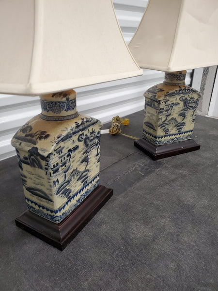 VINTAGE BLUE & WHITE CHINOISERIE PAGODA LAMPS W/SHADES (2)