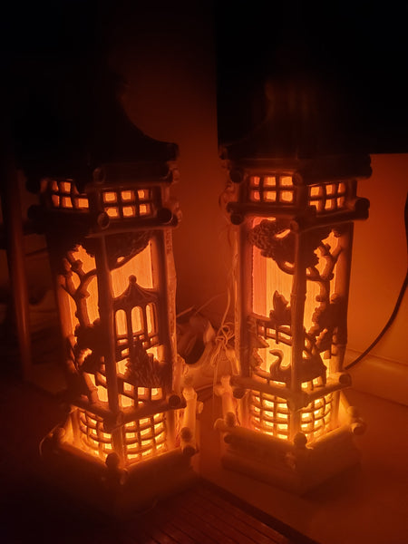 VINTAGE HANDCARVED CHINOISERIE PAGODA THEATRE LAMPS WITH NIGHTLIGHTS (2)