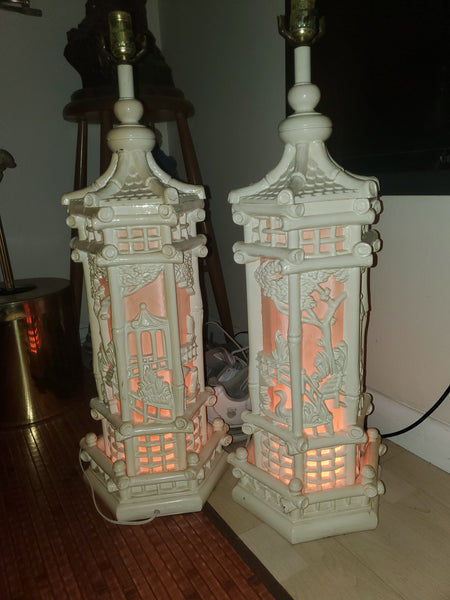 VINTAGE HANDCARVED CHINOISERIE PAGODA THEATRE LAMPS WITH NIGHTLIGHTS (2)