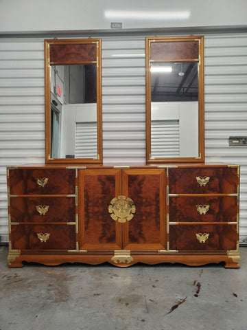 VINTAGE CHINOISERIE TEAK/ PATCH BURLWOOD BRASS BUTTERFLY🦋 MIRROR ~ (2 AVAILABLE)