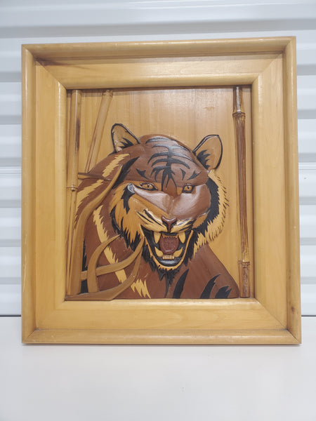 VINTAGE MID CENTURY MODERN HAND CARVED TIGER🐅/ BAMBOO🎋 ART/ PIC ~ MISC