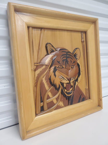 VINTAGE MID CENTURY MODERN HAND CARVED TIGER🐅/ BAMBOO🎋 ART/ PIC ~ MISC