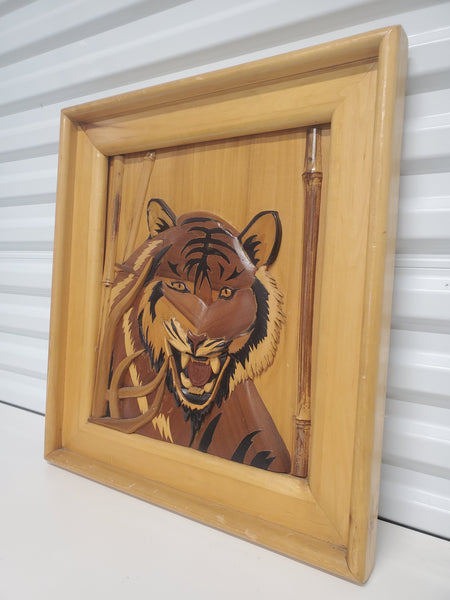 VINTAGE MID CENTURY MODERN HAND CARVED TIGER🐅/ BAMBOO🎋 ART/ PIC ~ MISC