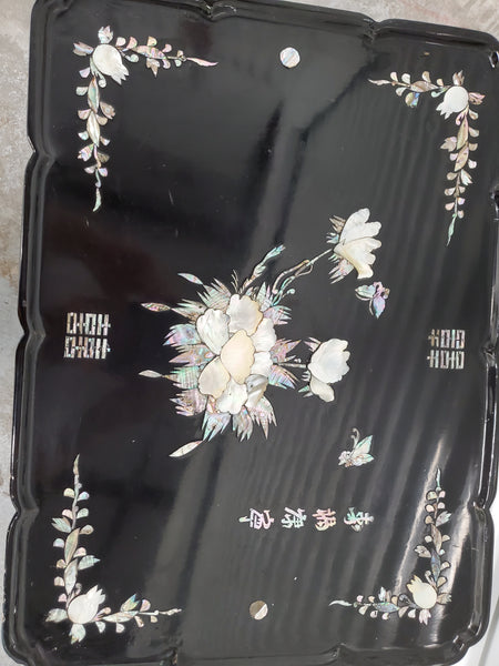 ANTIQUE/VINTAGE MOTHER OF PEARL🐚 INLAY ORIENTAL TEA/ACCENT TABLES/TRAYS (2) ~ MISC 🖤🤍