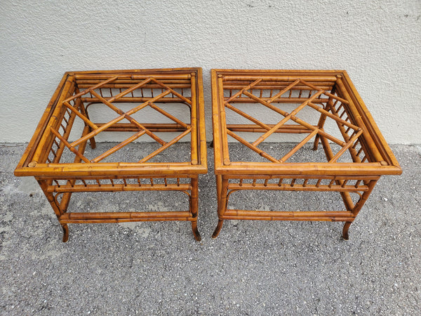 VINTAGE BRIGHTON PAVILION/ THOMASVILLE TORTOISE SHELL/ TIGER/ BURNT BAMBOO CHIPPENDALE END TABLES W/FLUSH GLASS TOPS (2)
