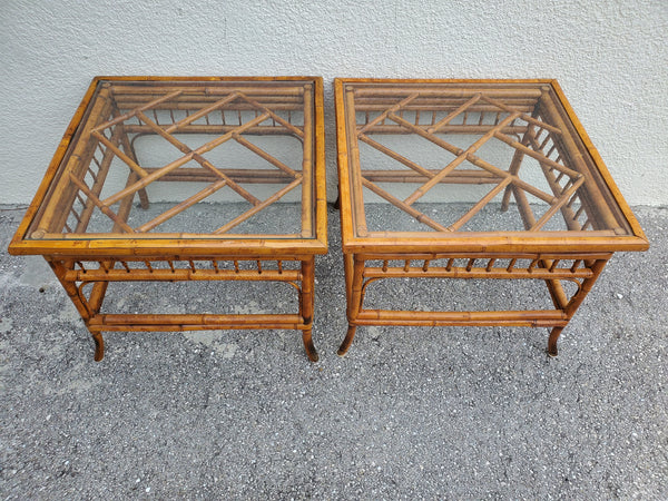 VINTAGE BRIGHTON PAVILION/ THOMASVILLE TORTOISE SHELL/ TIGER/ BURNT BAMBOO CHIPPENDALE END TABLES W/FLUSH GLASS TOPS (2)