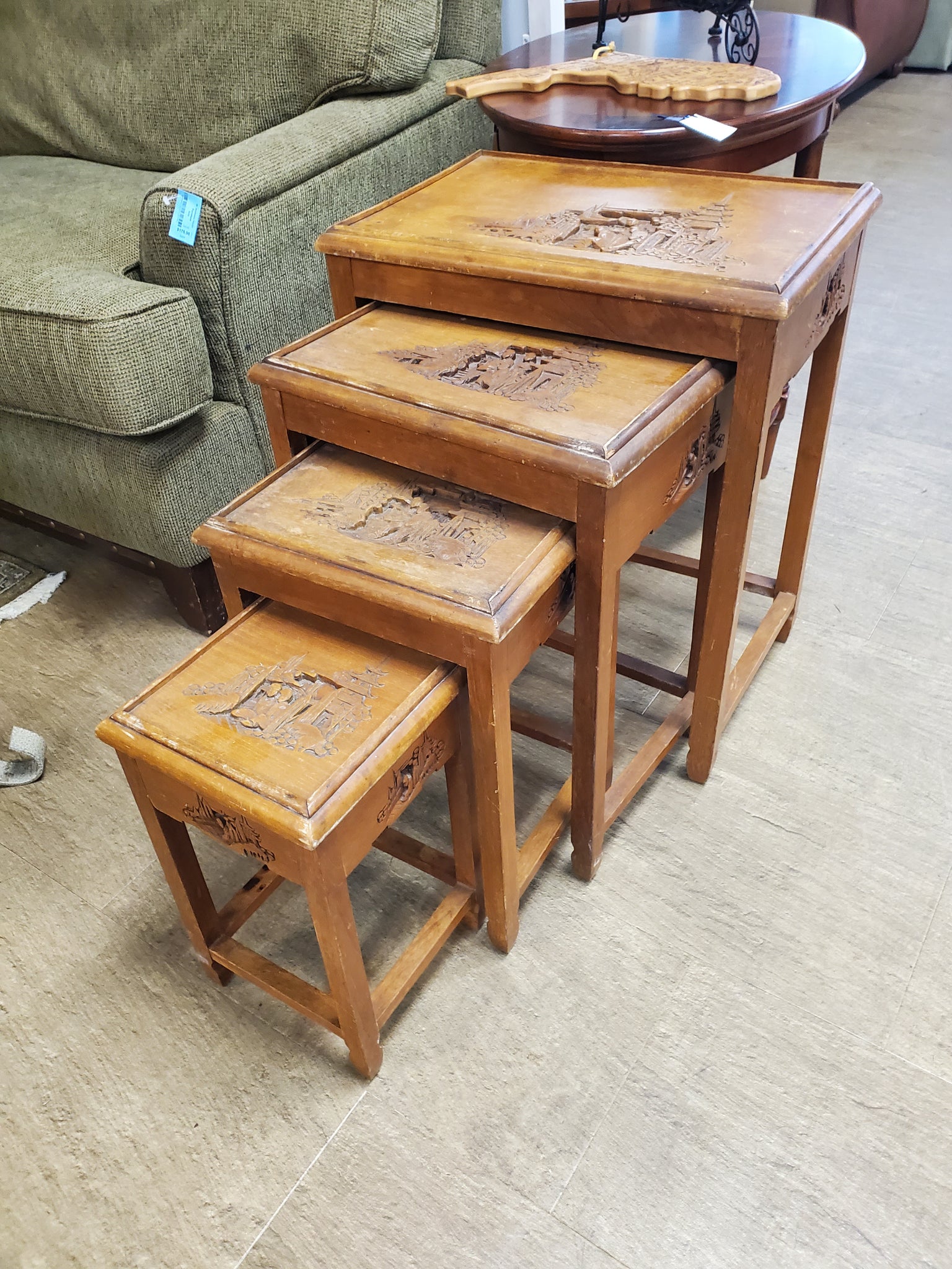 ANTIQUE/VINTAGE HAND CARVED PAGODA END/ACCENT/NESTING TABLES (4) ~ MISC