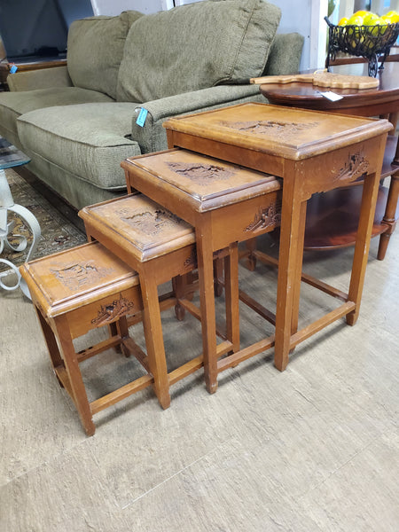 ANTIQUE/VINTAGE HAND CARVED PAGODA END/ACCENT/NESTING TABLES (4) ~ MISC