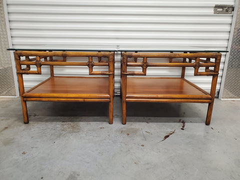 VINTAGE LARGE WOOD/ BAMBOO/ RATTAN/ BEVELED GLASS FRETWORK END TABLES (2)