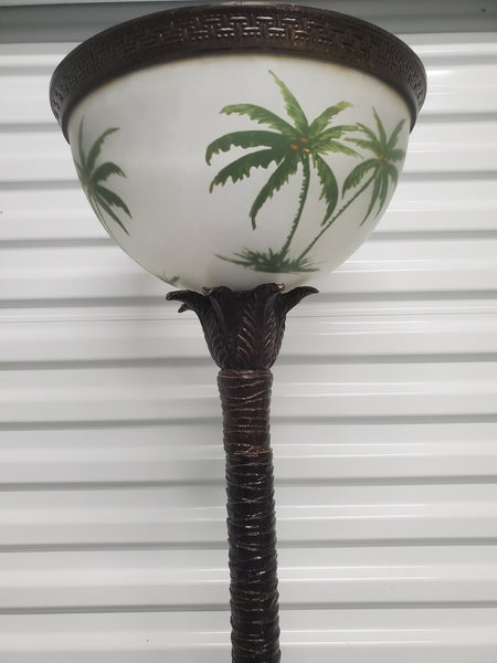 VINTAGE BRONZED PALM FLOOR LAMP W/GLASS PALM TREE/ GREEK KEY SHADE
