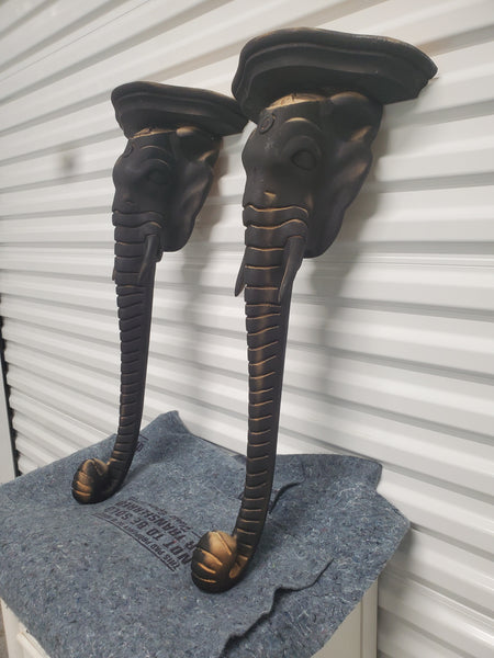 VINTAGE GAMPEL-STOLL "style" BLACK HAND CARVED WOODEN ELEPHANT WALL SCONCE SHELVES (2) ~ MISC