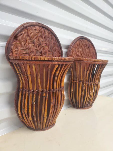 VINTAGE BAMBOO/ RATTAN WALL SCONCE PLANTER (2) ~ MISC