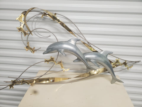 VINTAGE C JERE 1991 BRASS DOLPHINS🐬🐬 N WAVES🌊🌊 METALWORK WALL ART ~ MISC