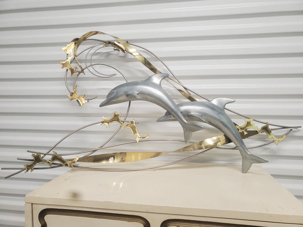 VINTAGE C JERE 1991 BRASS DOLPHINS🐬🐬 N WAVES🌊🌊 METALWORK WALL ART ~ MISC