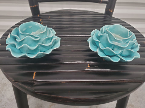VINTAGE BLUE CERAMIC PORCELAIN ROSE CANDLEHOLDER (2)