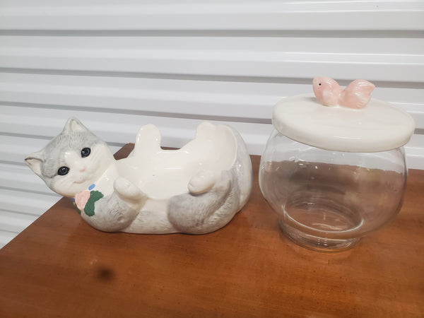 VINTAGE TREASURE CRAFT 3 PIECE KITTY KOOP FISH BOWL/ COOKIE JAR/ WHATEVER BOWL ~ MISC