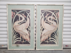 VINTAGE WHITE FAUX BAMBOO FRAMES with PRETTY  CHEEP CHEEPS! 🦢🦢 (2) ~ ART