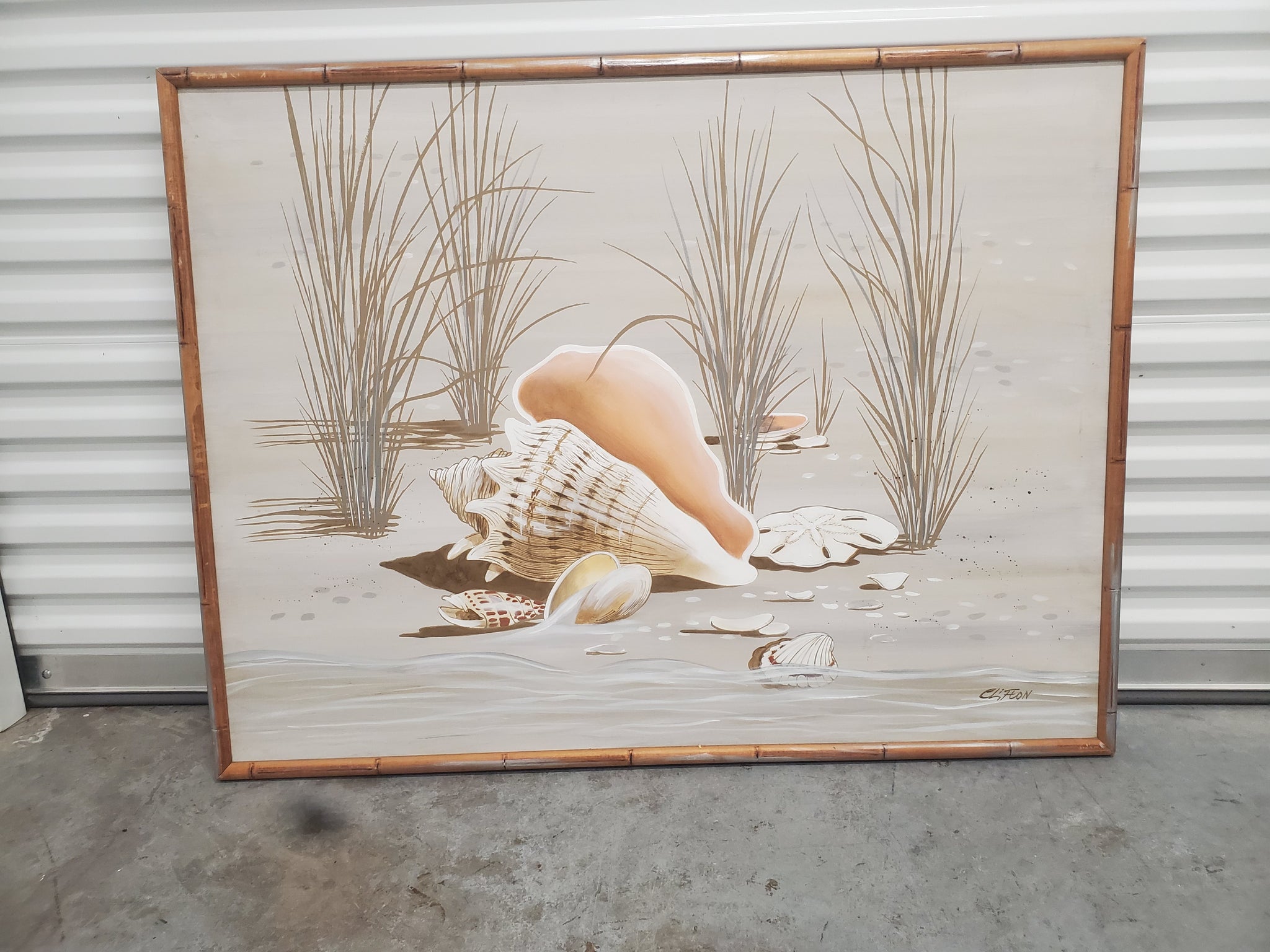 VINTAGE CHARLES CLIFTON CONCH/SEASHELL PAINTING W/FAUX BAMBOO FRAME