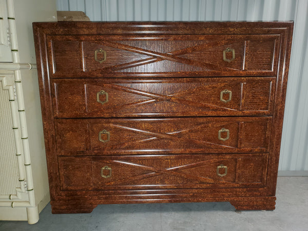 VINTAGE DREXEL HERITAGE EXPEDITIONS LACQUERED BURLWOOD/ TORTOISE SHELL CHEST / DRESSER / CONSOLE / MISC