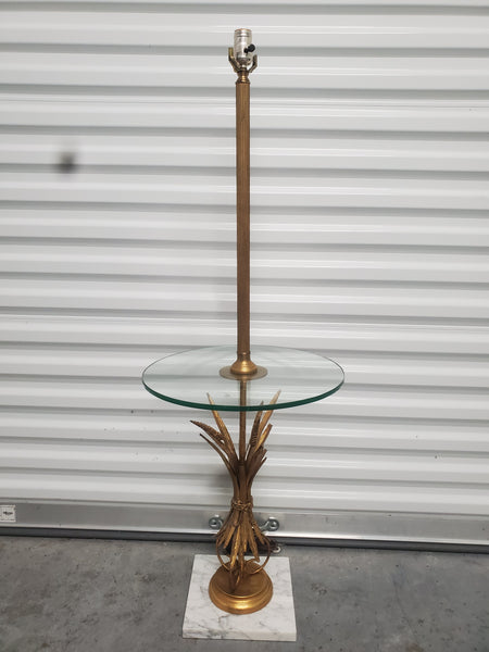 VINTAGE GOLD GILT SHEAF OF WHEAT GLASS TABLE FLOOR LAMP W/MARBLE BASE & SHADE