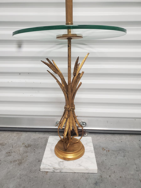 VINTAGE GOLD GILT SHEAF OF WHEAT GLASS TABLE FLOOR LAMP W/MARBLE BASE & SHADE