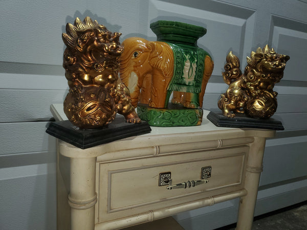 VINTAGE CHINOISERIE ASIAN MOTIF GREEN/ GOLD CERAMIC ELEPHANT PLANT STAND/ SCULPTURE ~ MISC