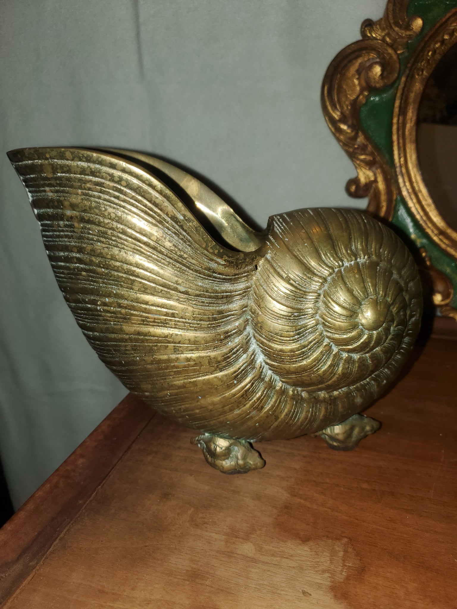 Vintage Solid Brass Nautilus Shell Planter Footed Seashell Beach Decor
