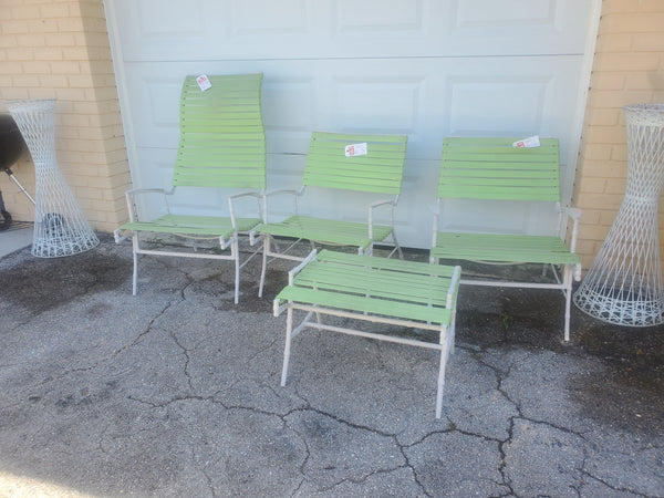VINTAGE CAST ALUMINUM FAUX BAMBOO LOUNGE/ PATIO/ OUTDOOR/ STRAP/ O/S CHAIRS (3) W/ OTTOMAN