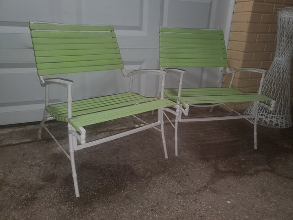 VINTAGE CAST ALUMINUM FAUX BAMBOO LOUNGE/ PATIO/ OUTDOOR/ STRAP/ O/S CHAIRS (3) W/ OTTOMAN