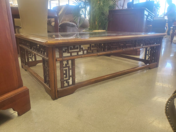 VINTAGE CHINOISERIE FAUX BAMBOO ASIAN MOTIF RECTANGULAR COFFEE TABLE