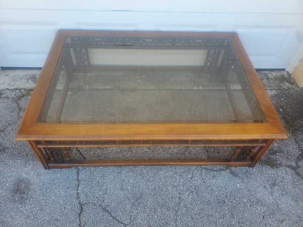 VINTAGE CHINOISERIE FAUX BAMBOO ASIAN MOTIF RECTANGULAR COFFEE TABLE