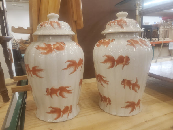 VINTAGE/ ANTIQUE CRACKLED CERAMIC KOI/ GOLDFISH GINGER JAR/ URN/ TEMPLE JAR (2) ~ MISC