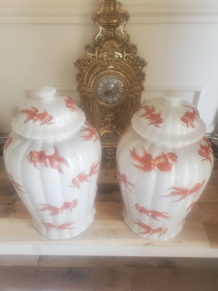 VINTAGE/ ANTIQUE CRACKLED CERAMIC KOI/ GOLDFISH GINGER JAR/ URN/ TEMPLE JAR (2) ~ MISC