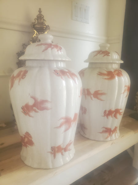 VINTAGE/ ANTIQUE CRACKLED CERAMIC KOI/ GOLDFISH GINGER JAR/ URN/ TEMPLE JAR (2) ~ MISC