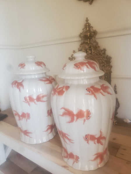 VINTAGE/ ANTIQUE CRACKLED CERAMIC KOI/ GOLDFISH GINGER JAR/ URN/ TEMPLE JAR (2) ~ MISC