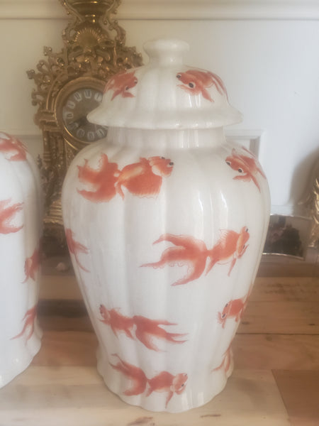 VINTAGE/ ANTIQUE CRACKLED CERAMIC KOI/ GOLDFISH GINGER JAR/ URN/ TEMPLE JAR (2) ~ MISC